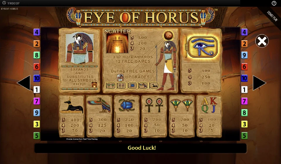 Classic Eye of Horus paytable with symbol values, scatter awards and tablet upgrades